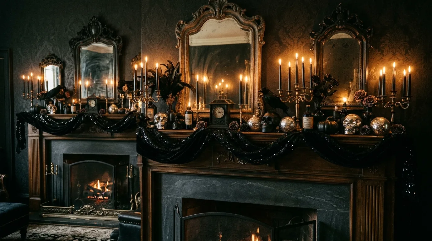 Add dark florals for gothic softness inspiration for a spooky chic Halloween interior.